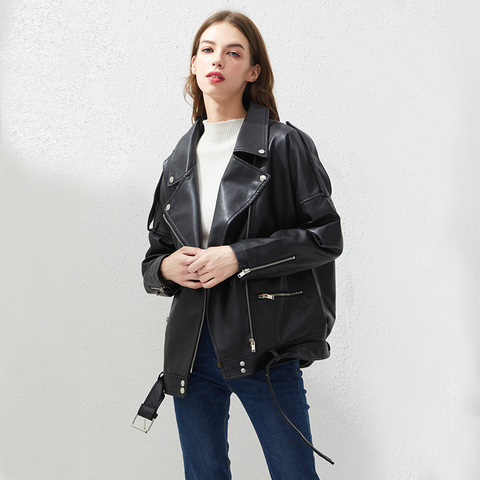 Fitaylor PU veste en simili cuir femmes ceintures lâches décontracté Biker vestes vêtements d'extérieur femmes hauts BF Style noir veste en cuir manteau ► Photo 1/6