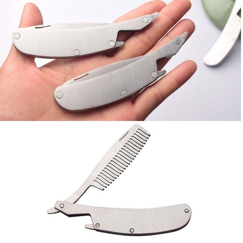 Ensemble de peignes pliants en acier inoxydable pour hommes, Mini peigne de poche, outil de soins de la barbe, brosse à cheveux pratique à utiliser ► Photo 1/6