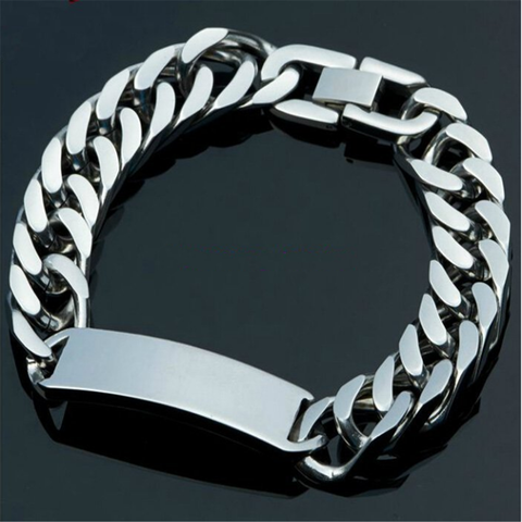 Bracelet couleur argent poli haut 8.66 pouces pour hommes, Bracelet à maillons d'identification en acier inoxydable, Double chaîne recourbée cubaine, bijoux sympas ► Photo 1/4