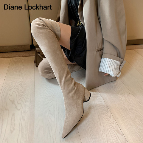 Bottes en daim à talons hauts et épais pour femme et enfant, chaussures longues et extensibles au niveau des cuisses, collection automne-hiver 2022 ► Photo 1/6