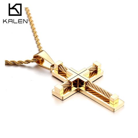 KALEN-collier avec pendentif en fil d'acier inoxydable pour hommes, croix en métal, accessoires de bijouterie, tendance ► Photo 1/6