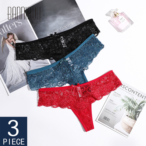 BANNIROU Sexy string culottes sous-vêtements en dentelle femme G-String 3 pièces t-back féminin sous-vêtements Sexy dentelle tongs culottes pour femme 2022 ► Photo 1/6