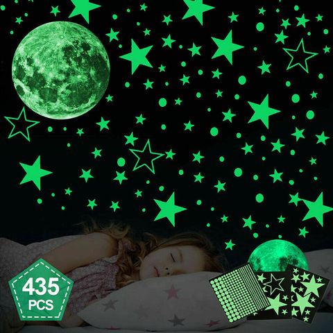 435 pièces lueur dans le noir lumineux étoiles & lune Stickers muraux décalcomanie enfant chambre décor imperméable vinyle matériel mur plafond décalcomanie ► Photo 1/6