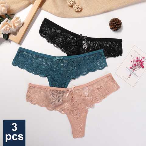 3 pièces culottes femme dentelle Sexy G-String slips Lingerie taille basse entrejambe coton femme string t-back femme sous-vêtements drop ► Photo 1/6