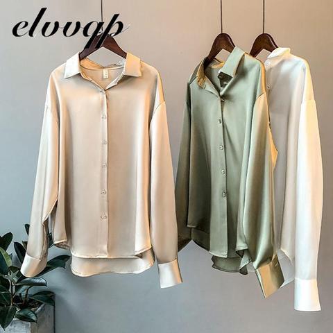 Haute qualité élégante Imitation soie Blouse printemps femmes mode manches longues Satin Blouse Vintage Femme debout chemises de rue ► Photo 1/6