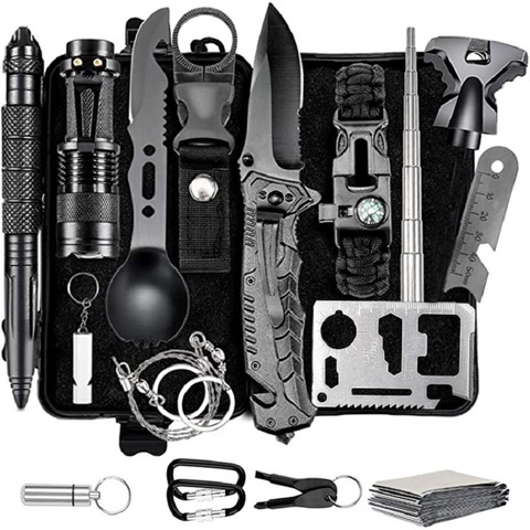 Kit d'équipement de survie 16 en 1, fournitures d'outils de survie d'urgence SOS en plein air, couteau tactique, cuillère, fourchette, stylo pour Camping, randonnée, chasse ► Photo 1/6