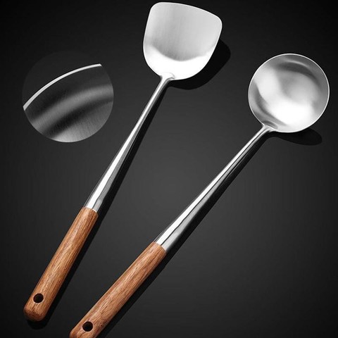 Acier inoxydable cuisine Wok spatule cuillère chinois outil de cuisson manche en bois sécurité Durable cuisine barre outils ► Photo 1/6