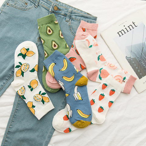 Kawaii drôle fruits femmes chaussettes Harajuku coloré mignon équipage chaussettes femme coton 1 paire livraison directe fournisseur ► Photo 1/5