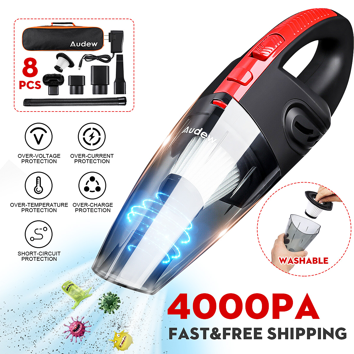 Aspirateur portatif à la maison d'aurosée 120W 4000pa filtre HEPA Mini Portable Rechargeable sans fil utilisation sèche humide 2200mAh ► Photo 1/6