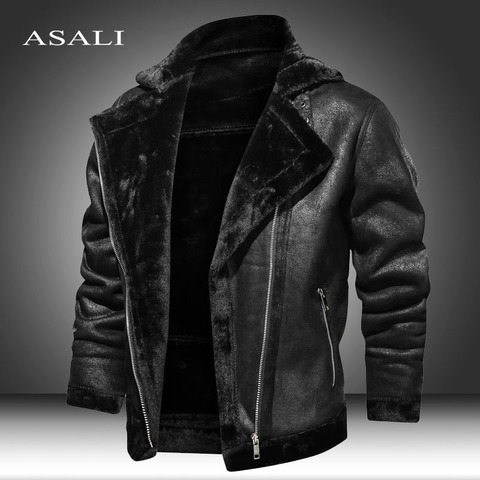 Homme PU 2022 nouveau hiver moto veste moto en cuir veste chaud Plus velours épais rétro Vintage loisirs hommes en cuir ► Photo 1/6