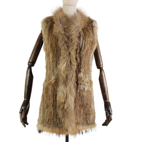 Nouvelle mode lapin fourrure gilet tricot lapin gilet 80cm long style pour les femmes raton laveur fourrure col garniture fourrure gilet poche décoration ► Photo 1/6