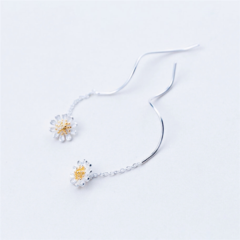 Boucles d'oreilles pendantes en argent Sterling 925 pour femme, bijoux à la mode, doux, romantique, avec chrysanthème, fleur, longue ligne d'oreille, aa740 ► Photo 1/6