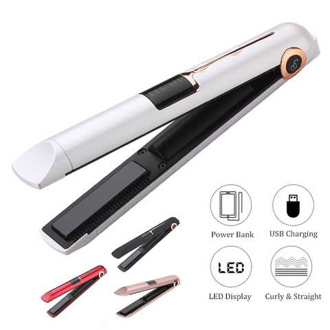 Portable USB Rechargeable Lisseur Et Bigoudi Avec Batterie Externe Voyage Plat Cheveux Baguette Sans Fil Redressage Fer À Friser ► Photo 1/6