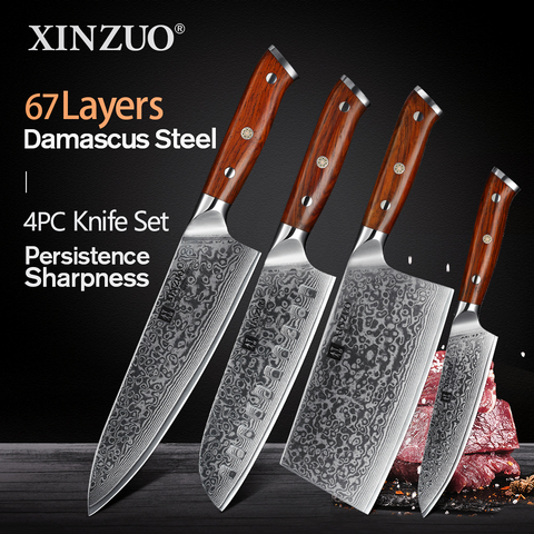 XINZUO ensemble de couteaux de cuisine en acier | vg10 ensemble de couteaux de cuisine en acier, damas couteau utilitaire de Chef en acier inoxydable avec manche en bois de rose 4 pièces ► Photo 1/6