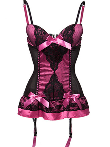 Sexy Rose Satin Rouge et Noir Maille Push Up Bustier Corset Sexy Lingerie Grande Taille Femmes Vêtements De Nuit Nuisette Fantaisie Sous-Vêtements ► Photo 1/6