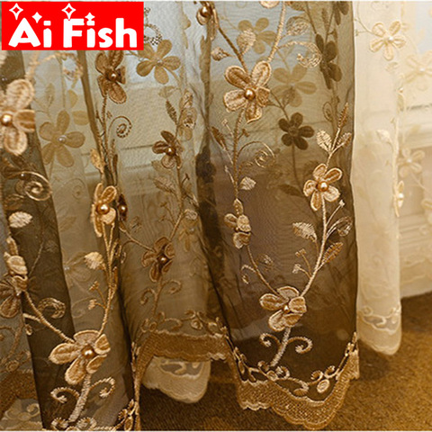 Rideaux de fenêtre en tulle brodés café | Luxe, clous, perles, pour salon, tissu européen rideau floral gaufré beige wp362 #5 ► Photo 1/6