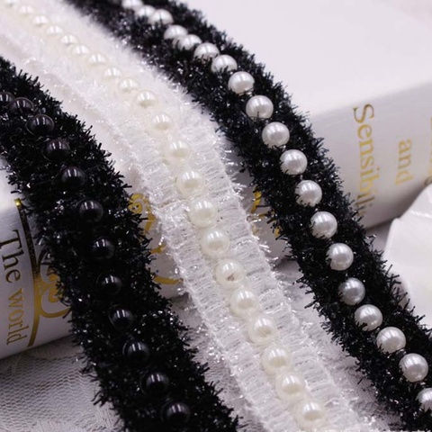 Tissu en dentelle africaine, garniture de ruban de perles en Nylon noir et blanc, 1Yards/Lot ► Photo 1/6