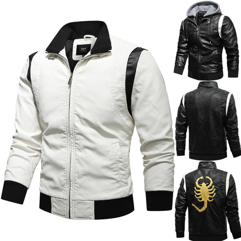 Automne Hiver Bomber Veste En Cuir Hommes Scorpion Broderie À Capuche VESTES EN CUIR SYNTHÉTIQUE POLYURÉTHANE Et Manteaux homme Moto Grande Taille 4XL ► Photo 1/6