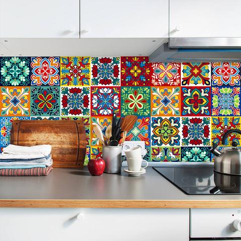 Motif coloré carreaux de céramique tableaux d'autocollants muraux salle de bain cuisine décor à la maison stickers muraux étanche Peel & Stick PVC Art Mural ► Photo 1/6