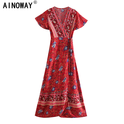 Longue robe femme, Vintage chic imprimé Floral, manches chauve-souris, plage, maxi style bohémien, col en V, sexy, style Boho, hippie, été ► Photo 1/6