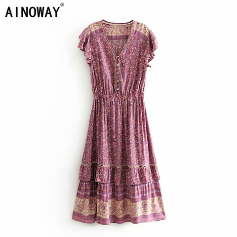 Robe d'été Chic en dentelle pour femme, sans manches, imprimé floral, style Boho, style bohème, midi, pompon, patchwork, vêtements de plage ► Photo 1/6