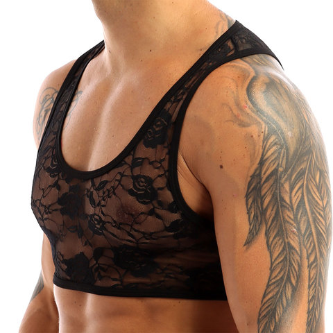 Haut de nuit, Lingerie transparente pour hommes, hauts Sexy, élastique, Floral, en dentelle, court, Top de nuit, saint-valentin ► Photo 1/6