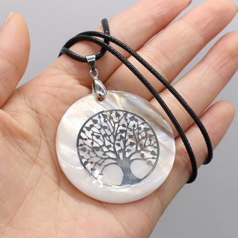 Pendentif en coquillage rond naturel, collier arbre de vie, bijoux à la mode, en nacre, corde en cuir, cadeau pour femmes ► Photo 1/5