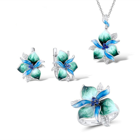 925 en argent Sterling de luxe Bloom fleur émail bijoux ensembles pour femmes élégant pendentif anneau boucles d'oreilles ensemble de mariage fête bijoux ► Photo 1/6