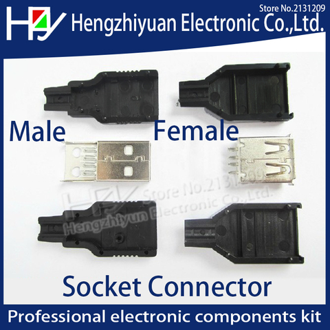 IMC – connecteur USB Type A mâle et femelle 2.0, 4 broches, avec couvercle en plastique noir, à souder, à monter soi-même ► Photo 1/4