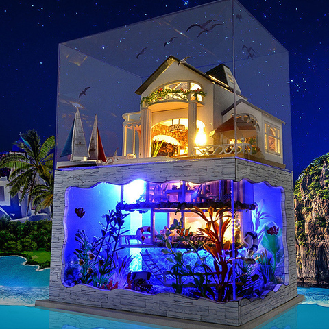 Maison de poupée Miniature en bois, grande Villa de mer Miniature, boîte de poupée en bois avec lumières Led, jouets pour enfants, cadeau de noël ► Photo 1/6