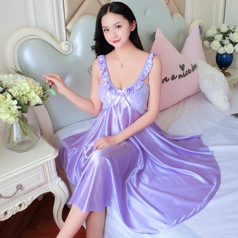 Grande taille XL XXL été Sexy femme vêtements de nuit de salon conception chaude en vrac femme glace soie dentelle princesse palais violet chemise de nuit ► Photo 1/6