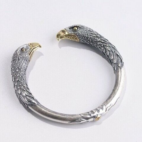 Véritable 990 Sterling pur argent manchette Bracelet deux têtes de faucon ouvert A5211 ► Photo 1/6