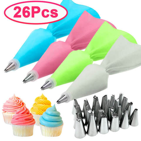 26 pièces/ensemble Silicone sac à pâtisserie conseils cuisine bricolage gâteau glaçage tuyauterie crème gâteau décoration outils sacs à pâtisserie réutilisables + 24 jeu de buses ► Photo 1/6