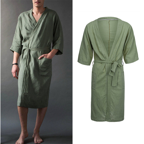 Peignoir en lin uni pour hommes, vêtements de nuit, couleur unie, Spa, chemise de nuit, Style japonais, col Kimono, Robe pour hommes, loisirs, robes de nuit fines ► Photo 1/6