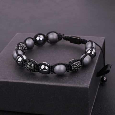 Nouveau Design mode hommes bijoux Bracelet hématite perles CZ Micro boule macramé perlé réglable Bracelet hommes ► Photo 1/6