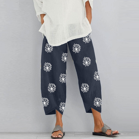 Femmes coton lin Vintage Pantalon 2022 été taille élastique irrégulière Pantalon Pantalon décontracté pissenlit imprimé pantacourt 5XL ► Photo 1/1