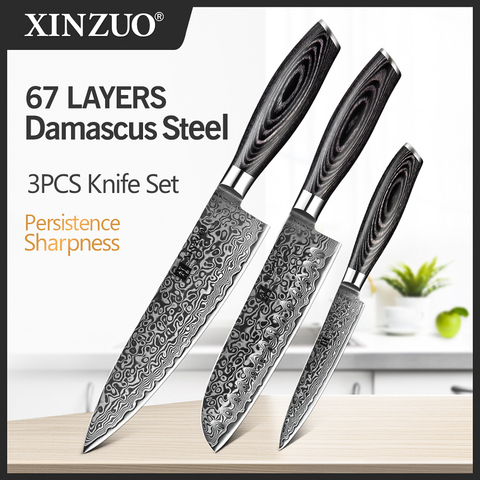 XINZUO – ensemble de couteaux de cuisine, 3 pièces, 67 couches, acier inoxydable damas à haute teneur en carbone 8 + 7 + 5 Chef Santoku, couteau utilitaire, manche en bois Pakka ► Photo 1/6