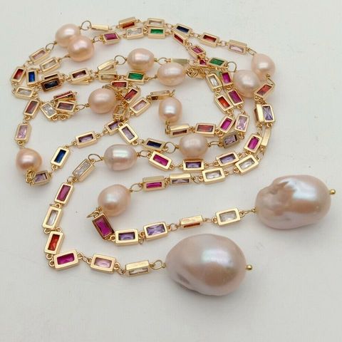 Collier Keshi pour femme, longue chaîne avec perles couleur rose mixte, Rectangle, pavé, longue chaîne, 50 pouces ► Photo 1/6