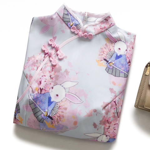 Robe d'été cheongsam pour jeune fille, mignon, dessin animé lapin, fleur de cerisier, rose, style chinois ► Photo 1/6