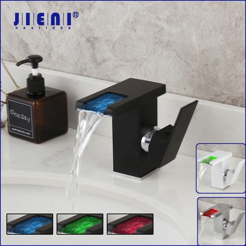 JIENI robinet mitigeur de lavabo LED, cascade de salle de bains robinet de lavabo blanc et noir, montage sur pont, eau en laiton massif, robinet de lavabo ► Photo 1/6