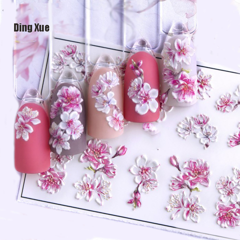 1pc 3D acrylique gravé autocollant à ongles en relief blanc et rose couleur fleur eau décalcomanies Empaistic ongle eau toboggan décalcomanies Z0342 ► Photo 1/6