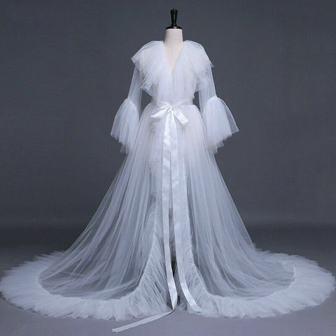 Robe en dentelle femmes à volants avant fendu longue Maxi maternité solide blanc robe en dentelle robe photographie accessoire voir à travers la robe ► Photo 1/5