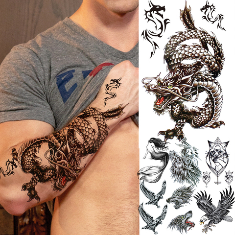 Faux tatouage autocollant Dragon réaliste, 3D, pour hommes, garçons, enfants, tatouage temporaire, loup féroce, aigle, chat sirène, lavable ► Photo 1/6