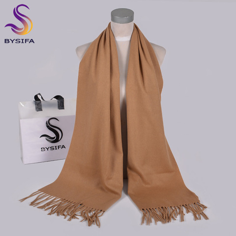 BYSIFA – écharpes en laine pour femmes, Pashmina, 100% x 50cm, couleur unie, Long col, 200 Pure laine, cachemire de chameau ► Photo 1/6