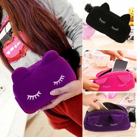 Portable 1pc dessin animé chat cosmétique sac pièce mallette de rangement voyage maquillage sac pochette avec fourrure boule neceser pour femmes filles ► Photo 1/6