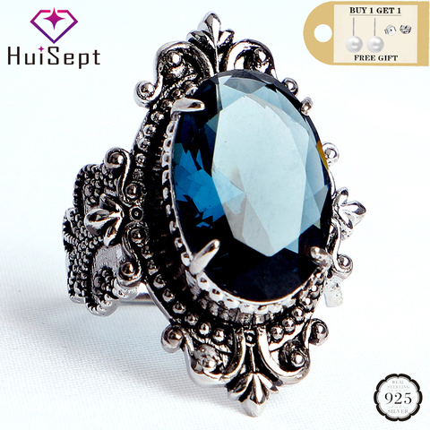 HuiSept Vintage 925 bague en argent bijoux grand ovale en forme de saphir pierres précieuses anneaux pour homme femme cadeaux de fête de mariage en gros ► Photo 1/6