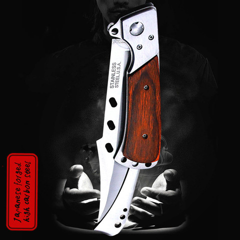 Couteau pliant haut de gamme swallowtail avec manche en bois rouge, couteau de poche pliant extérieur en acier inoxydable ► Photo 1/6