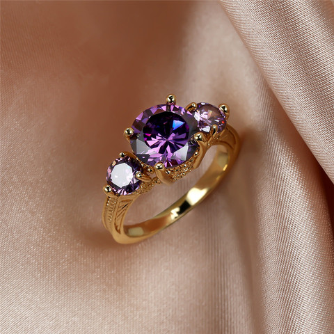 Mignon femme violet cristal pierre bijoux Dainty or couleur mariage mince anneaux pour les femmes Vintage mariée ronde bague de fiançailles ► Photo 1/6