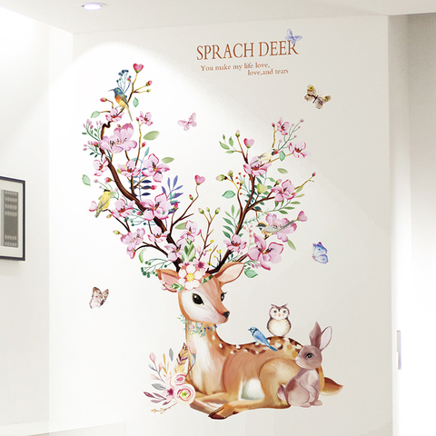 [Shijuekongjian] cerf lapin animaux Stickers muraux bricolage fleurs Stickers muraux pour maison enfants chambres bébé chambre pépinière décoration ► Photo 1/6