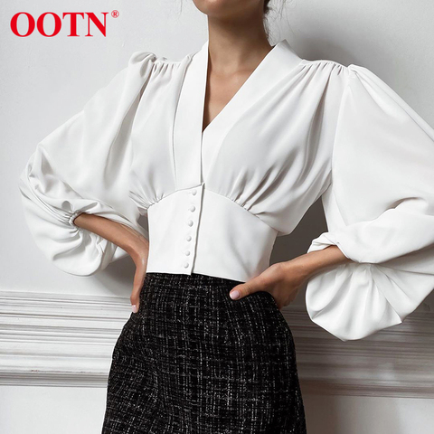OOTN – chemisier blanc élégant pour femme, haut, tunique, col en V, boutons, Chic, décontracté, rouge vin, manches lanterne, 2022 ► Photo 1/6